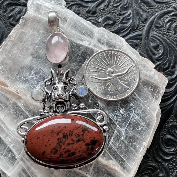 Mahogany Obsidian Rainbow Moonstone and Rose Quartz Rabbit Crystal Pendant - Picture 7 of 7